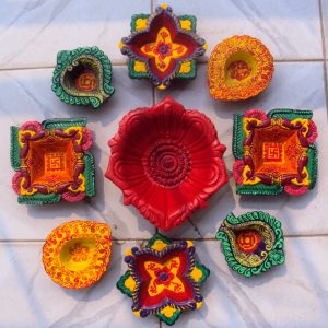 Unique Multicolored Clay Diyas with Akhand Diya